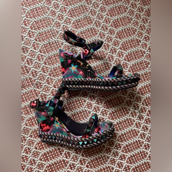 NWOT Christian Louboutin Pyraclou 110 Black Starlight Platform Wedge Sandals - Picture 5 of 7